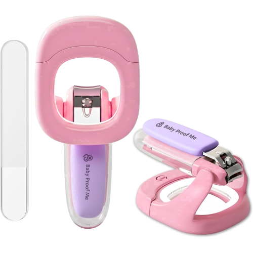 Baby Proof Me Baby Nail Clippers and File Set, Nail Trimmer with Catcher, LED Light, and Magnifier, Pink