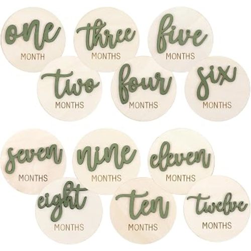 6 PCS Baby Monthly Milestone Cards, Double Sided Wooden 3D Milestone Cards Signs for Photos Announcement Sign 1-12 Months Photography Photo Newborn Keepsake Gift(Green)