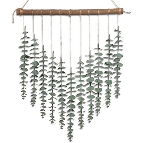 Artificial Hanging Eucalyptus Plant Wall Decor Fake Greenery Leaves Stems on 16.5in Stick Boho Rustic Nature Farmhouse Green Wall Art for Bathroom Bedroom Kitchen Nursery Office