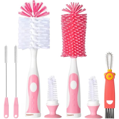 Bottle Brush Set, Suction Base, Nylon & Silicone Brushes, Pink | 7 in 1 Bottle Cleaning Kit with Nylon & Silicone Bottle Brush, Lip Brushes, Straw & Nipple Brushes, BPA-Free