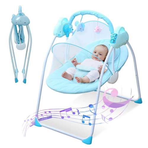 SLLINGLUO Folding Baby Swing, Infant Swing with Music and Toys, Baby Swing with 5-Point Harness, Blue