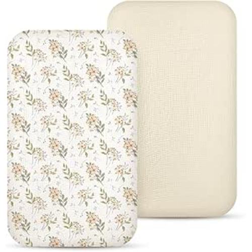 lulumoon Baby Bassinet Sheets Muslin: Cotton Bedside Bassinet Sheets Floral for Girls - Fitted for Bedside Sleeper Mattress