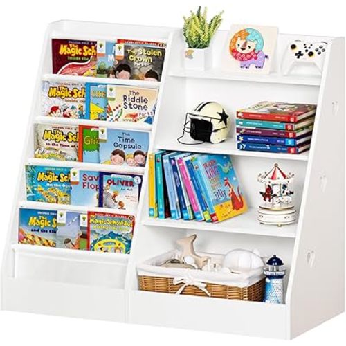 Lerliuo 4 Tier Kids Bookshelf and Storage Organizer, Five Layer Sling Children Bookcase, Baby Toddler Wooden Book Shelf, Display Cabinet for Playroom, Bedroom, Classroom, Nursery, School (White)