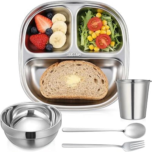 Tioncy 5 Pcs Stainless Steel Kids Dinner Set, Bowls, Balanced Bites Divided Plates, Cups, Spoons and Forks, Stainless Steel Lunch Plates Dinnerware Set for Kids Toddlers