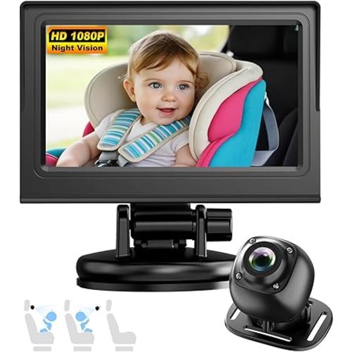 Baby Car Camera Monitor for Backseat - Baby Car Mirror - Safety Rear Facing Infant Back Seat Camera with 4.3" Display, HD 1080P, Night Vision, Easy Installation - Black