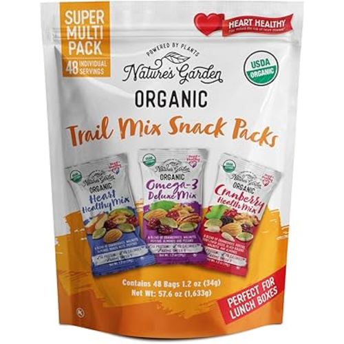 Nature's Garden Organic Trail Mix Snack Packs - Trail Mix Variety, Energy Boosting, Heart Healthy, Omega-3 Rich, Cranberries, Pumpkin Seeds, Individual Packs, Family - 1.2 Oz Bags (48 Individual Servings)