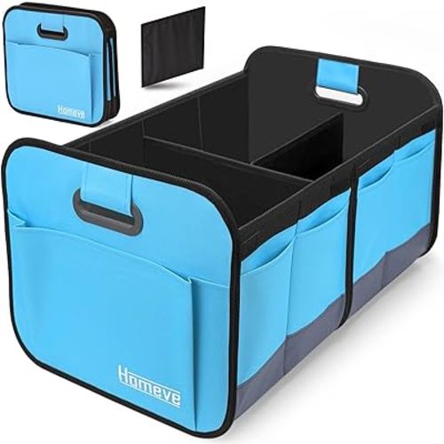 Homeve Trunk Organizer, Car Storage, Reinforced Handles, Collapsible Multi-Compartment, Foldable, Waterproof, Sturdy, 600D Oxford Polyester For Car, SUV, Mini-Van, Blue, 2 Compart