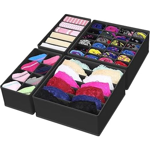 Simple Houseware 4-Pack Drawer Organizer Set - Closet Dividers for Underwear, Socks, Bras, Scarves, Ties - Foldable Non-Woven Storage Boxes, Black