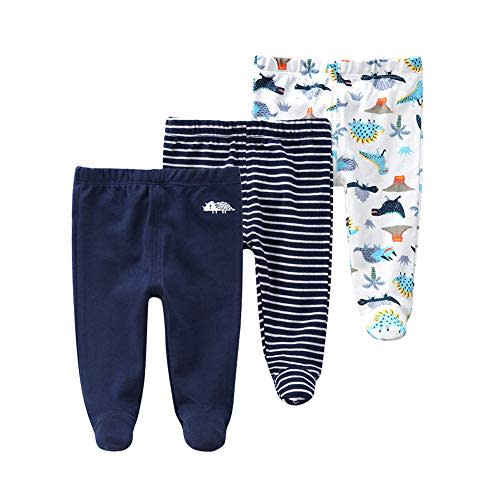 Teach Leanbh Newborn Baby 3 Pack Footed Pants Cotton Embroidery Pringting Casual Leggings 0-12 Months