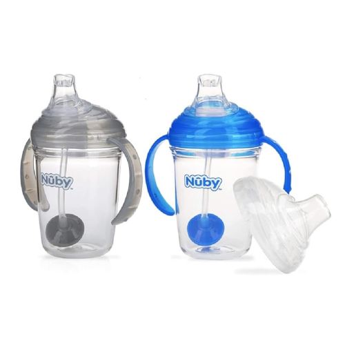 Nuby No Spill 360 Weighted Straw Grip N' Sip Tritan Cup with Hygienic Cover, 8 Oz, Trainer Cup (Blue/Grey)
