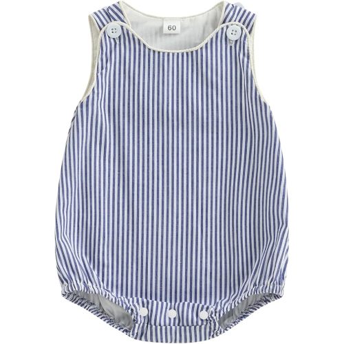 Newborn Baby Boy Girl Striped Romper Sleeveless Cotton Linen Bubble Bodysuit Button Jumpsuit Tank Summer Overalls
