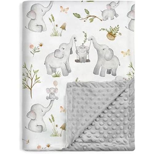 BOPRIO Baby Blankets for Unisex Boys Girls, Super Soft Nursery Minky Blankets with Baby Elephant Design and Dotted Fleece Backing, Printed Bed Throws Newborn