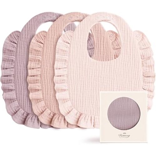 Konssy 3-Pack Muslin Baby Girl Bibs, 100% Cotton with Ruffle Trim