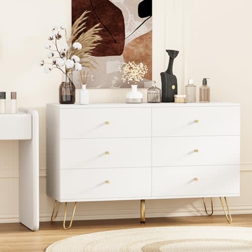 MAISONPEX Dresser for Bedroom, 6 Drawer Dresser with Golden Handle, Chest of Drawers Wooden Dressers for Hallway, Living Room, Nursery Room, White