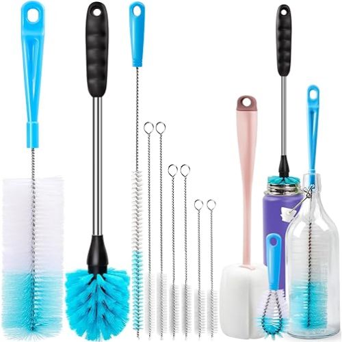 Holikme Bottle Brush Tube Cleaning Lab Set with Long Handle, Cup Cleaner for Washing Narrow Neck Beer Wine Decanter Pipes Lids Sinks Cap Covers, Pink