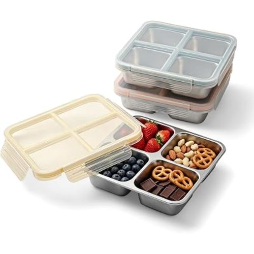 Stainless Steel Snack Box, 25oz Multi-Compartment Bento Boxes, Leak-Proof Snack Containers for Kids with Snap-Lock Lids, Metal Toddler Lunch Box for Daycare, School, Travel, Meal Prep