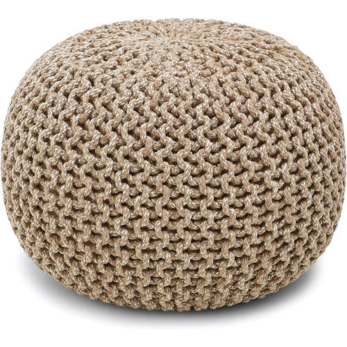 Round Pouf Ottoman - Hand Knitted Boho Poof - Beige Ivory | 100% Cotton, 19.5"x19.5"x14"; Doubles as Footstool, Foot