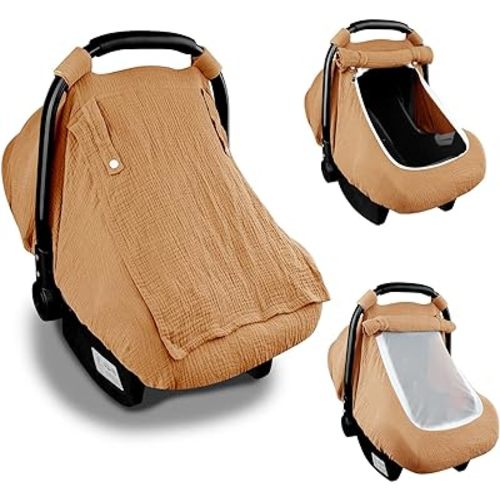 Hooyax Muslin Car Seat Covers for Babies, Summer Baby Car Seat Cover for Boys Girls with Breathable Window, Lightweight Infant Car Seat Canopy, Brown