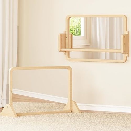 Woodtoe 3-in-1 Montessori Mirror with Bar, Adjustable Toddler Mirror & Pull Up Bar, Montessori Learning Toy for Baby 6-18 Months, Nursery Mirrors, Natural Wood Furniture for Daycare, Kids Classroom