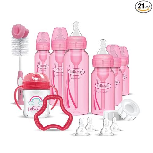 Dr. Brown's Natural Flow Anti-Colic Options+ Special Edition Pink Baby Bottle Gift Set with Soft Sippy Spout Transition Cup, Flexees Teether, Bottle Cleaning Brush and Travel Caps