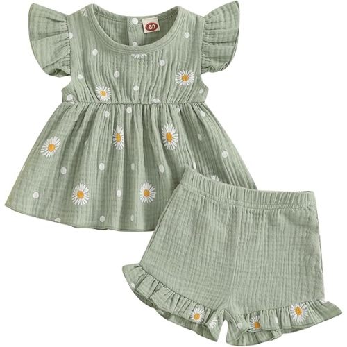 Kaipiclos Infant Baby Girl Clothes Outfits Daisy Print Ruffle Sleeve Shirt Tops Shorts Baby Summer Outfit 3 6 12 18 24 Month