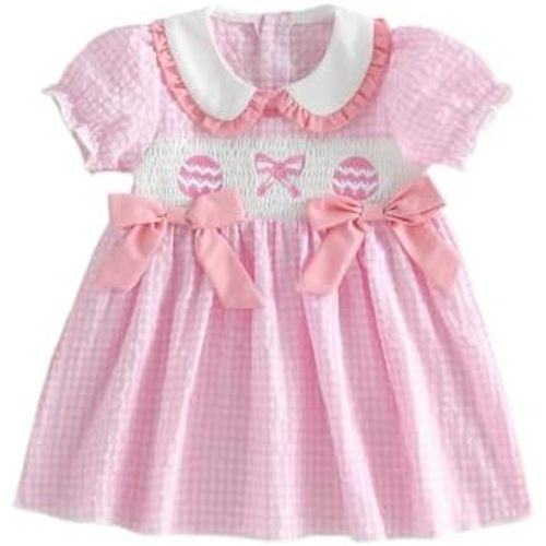 Toddler Baby Girl Easter Outfit Easter Eggs Smocked Dress Puff Sleeve Doll Collar Dreeses Infant Cute Summer Clothes