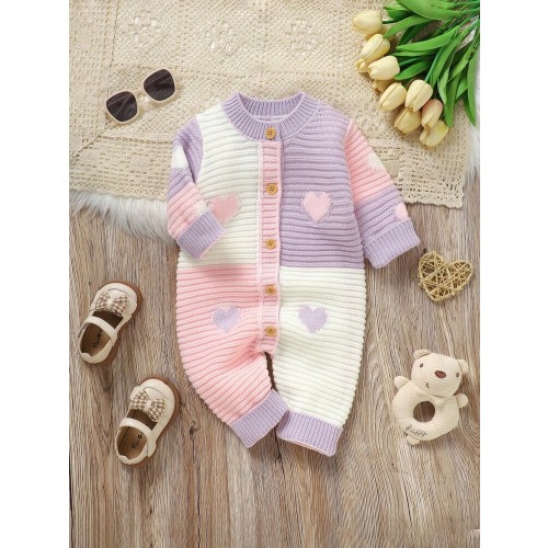 SHEIN Dreamy Pink Baby Girl Jumpsuit, Sweet Heart Decor, Round Neck Elegant Long Sleeve Jumpsuit Design, Create Casual Style For Baby, Comfortable, Showcasing Baby's Adorable Charm | SHEIN USA