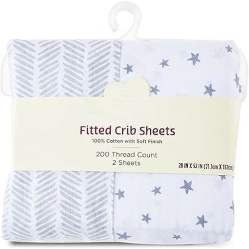 2-Piece Fitted Crib Sheets for Baby, 100% Cotton Crib Mattress Sheets, Unisex Baby Crib Bedding Set, Crib Sheets for Boys and Girls, Toddler Bed Sheets, Grey Chevron and Star Print.