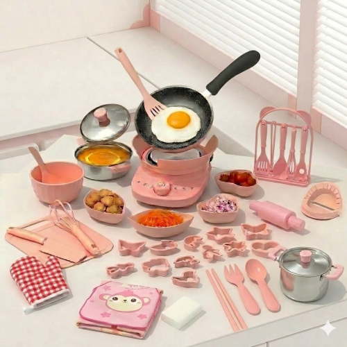 42 Pcs Kid Cooking Sets Real Mini Kitchen, Food Making for Beginner Children 8 9 10 11 12 Boys Girls Cooking Educational Toys, Junior Easy Safe Montessori Tools Dishes Knife Set-Pink（gift pack）