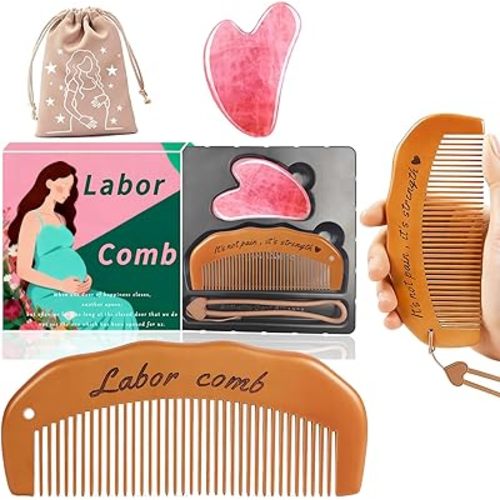 Labor Comb Birthing Gift Set Natural Wooden Labor Comb, Facial Massager, Anti-Slip Silicone Cord & Storage Bag for Labor & Delivery