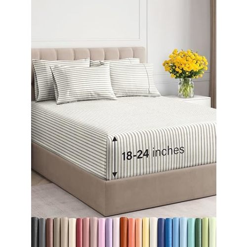 Extra Deep King Sheet Set - 6 Piece Breathable and Cooling Sheets - Hotel Luxury Bed Sheets Set - Easy Fit - Soft, Wrinkle Free and Comfy Sheets Set - Beige Striped Sheet Set with Extra Deep Pockets