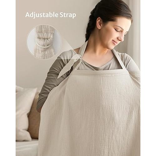 Nursing Cover for Breastfeeding, Breathable Breastfeeding Cover up with Arch Neckline for Women, Nursing Apron (Cream)