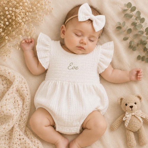 Personalized Baby Girl Romper with Name Embroidery | Muslin Ruffle Bubble Romper & Bow Headband | Newborn Baby Shower Gift