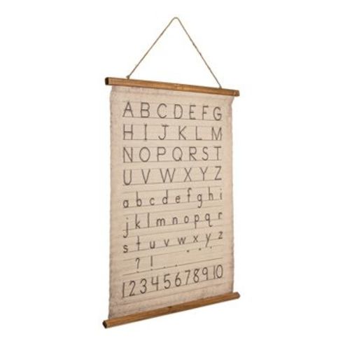 Storied Home Canvas and Wood Scroll Wall Decor with Alphabet, Numbers and Jute Hanger, Multicolor