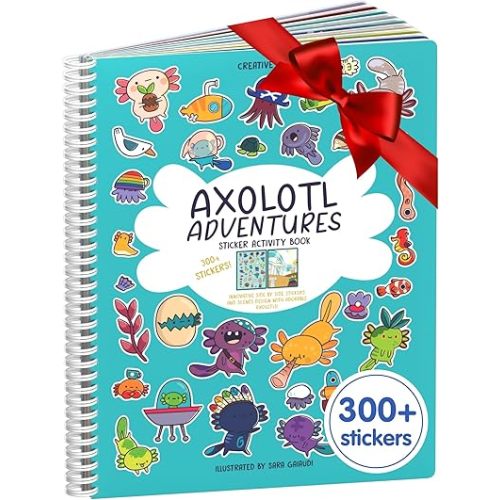 Cupkin Axolotl Sticker Book Activity, Toddler Airplane Travel Essentials, 300+ Axolotl Stickers for Kids + Eight Scenes + 8 Coloring Book Pages, Animal Lover Children's Gift, Kids Crafts for Ages 2-8