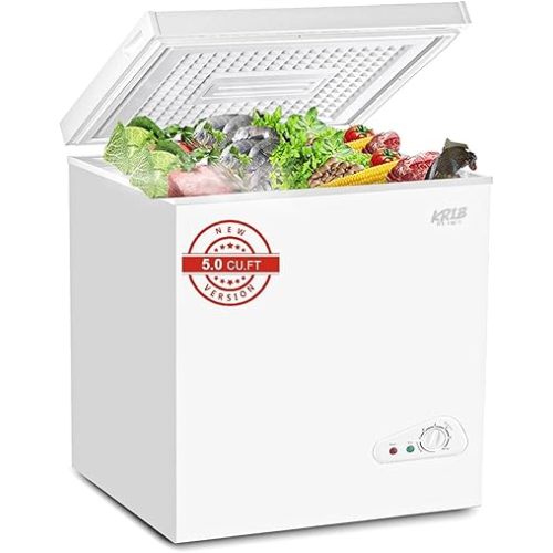 Chest Freezer 5.0 cu.ft Mini Adjustable 7 Thermostat Compact Deep Freezer Top Door Low Noise with Removable Basket White