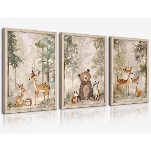 Woodland Animal Nursery Wall Art - 3Pcs Nursery Decor Wild Animals Forest Paintings Pictures Wall Decor Bear Fox Deer Watercolor Poster Printing Artwork for Boys Girls Room Home Decoration Framed ( 12x16in Framed )