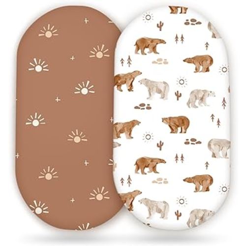 GRSSDER Stretchy Ultra Soft Bassinet Sheet 2 Pack, Universal Fit for Bassinets Baby Cradle Moses Basket Oval Rectangle Mattress or Changing Table Pad Safe and Snug, Stylish Print of Sunny Bear
