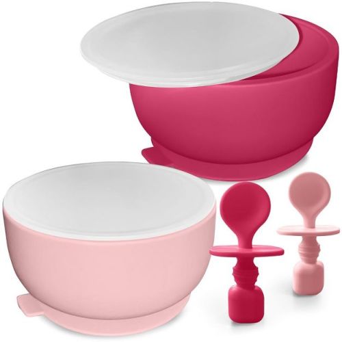 Sperric Silicone Baby Feeding Set - Infant Suction Bowls with Lids and Spoons | BPA Free Toddler Self Feeding Utensils for 0-6 Months (Pink)