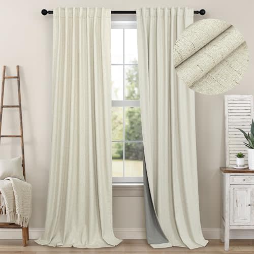 Pitalk Living Room Curtains Ideas Modern Black Out Curtains for Bedroom Windows Treatments 84 Heat & Cold Blocking Drapes for Sliding Glass Door Back Tab 2 Panels Cottage Linen Textured Cream Beige