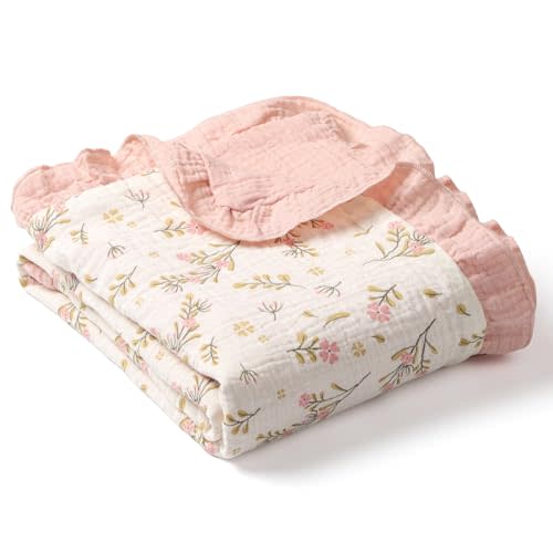 100% Organic Cotton Muslin Baby Blanket Flounce Edge Large 50"x43" Floral, Super Soft Breathable Toddler Quilt Crib Blankets Gender Neutral for Baby Boys and Girls Bassinet, Bed, Stroller & Snuggling