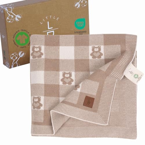 Gender-Neutral Checkered Baby Blanket 30x40 Inches, Mocha Teddy Bear – 100% Organic GOTS Certified Cotton, Soft and Lightweight, Perfect for Swaddling