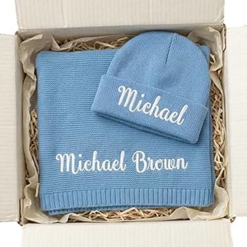 Personalized Baby Blanket with Name, Cotton Receiving Swaddle Blanket and Beanie Set, Customized Baby Blankets for Boys Girls, Soft Gift for Newborns Kids Baby Shower