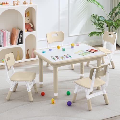 DOREROOM Kids Table & 4 Chairs, Height Adjustable (17.7"-26.1"), Natural | Graffiti Desktop,Table Supports 330 lbs,Toddler Ages 3-8，Children Multi-Activity Table Set for Playroom, Daycare, Classroom