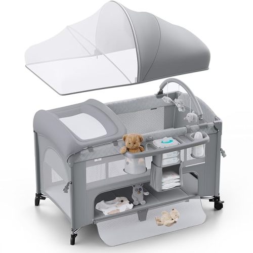 4 in 1 Baby Bassinet, Pack and Play, Bedside Crib Sleeper, Diaper Changer - Comes with Mattress, Mosquito Net，Bottom Storage and Toy Bar for Newborn to Toddles