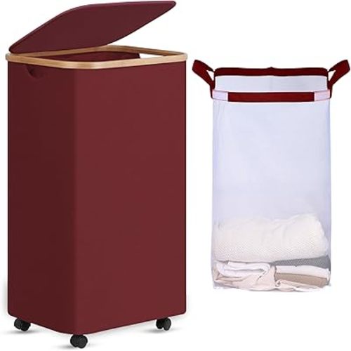 efluky Laundry Basket with Wheels, Tall Rolling Laundry Hamper with Lid and Removable Bag, Aesthetic Dirty Clothes Hamper on Wheels for Laundry Room, Bedroom, Dorm and Bathroom, 100L Rose Red