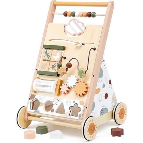 Joyreal Wooden Baby Walker Push Toys - Adjustable Speed Baby Push Walker with Wheels and Learning Activity Center - Neutral Color Montessori Walker Toys for Baby Boys and Girls Gifts