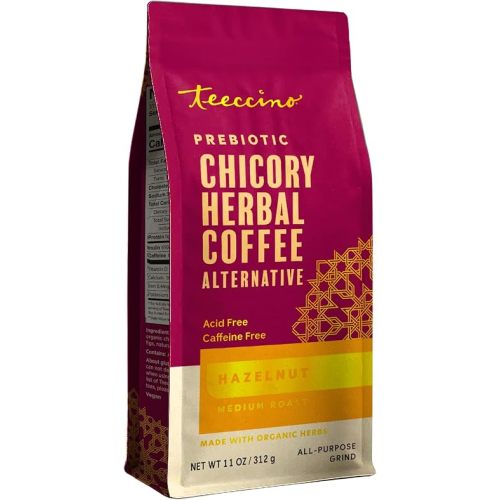 Teeccino Hazelnut Chicory Coffee Alternative - 11 Ounce - Ground Herbal Coffee That’s Prebiotic, Caffeine Free & Acid Free, Medium Roast