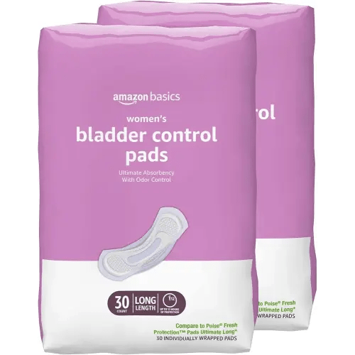 Amazon Basics Incontinence Pads for Women Long, Bladder Control, Postpartum, Ultimate Absorbency, Unscented, 60 Count (2 Packs of 30)