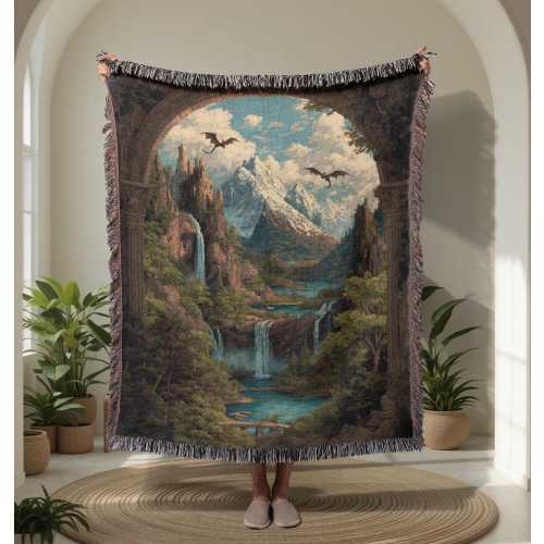 Fantasy Reader Gift 100% Cotton Woven Blanket, Dragon Lover Hobby Throw Blanket, G37x52" Fantasy Reader Gift 100% Cotton Woven Blanket